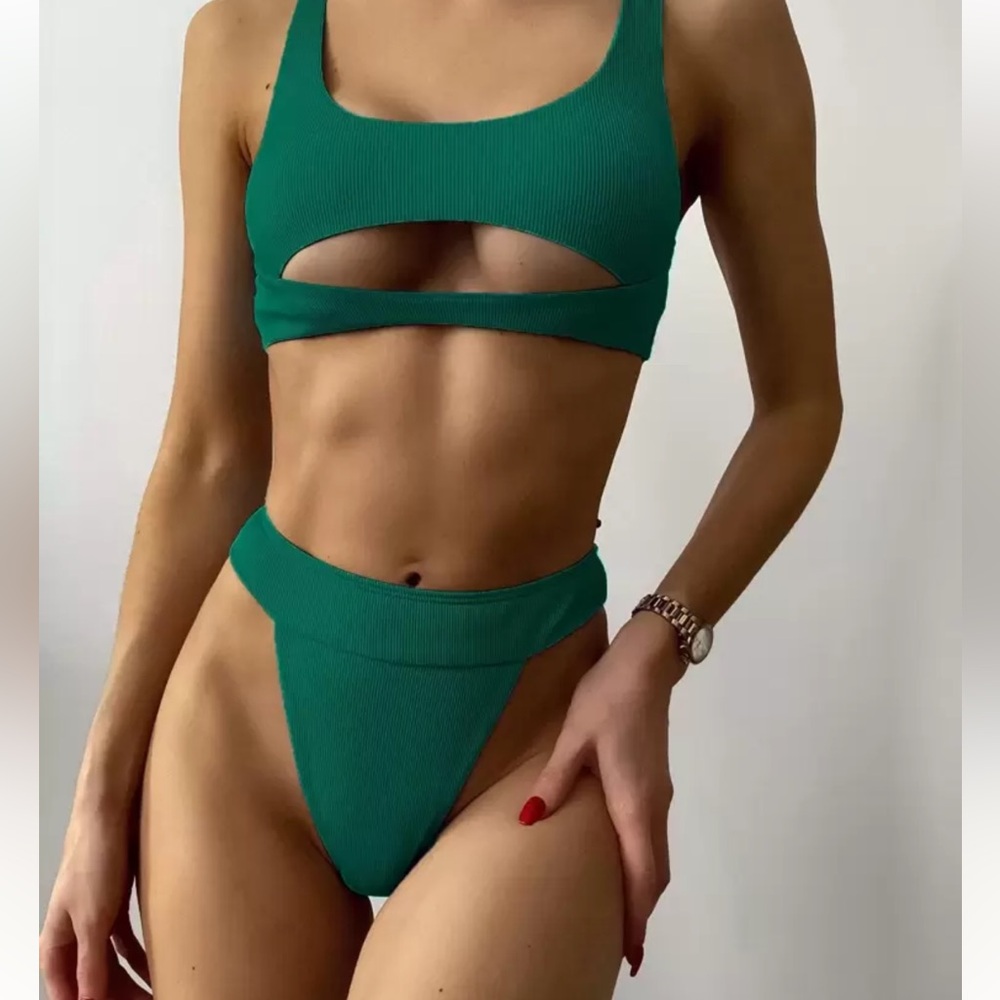 teal blue green shein sexy cutout cheeky thong high cut waist bikini set new